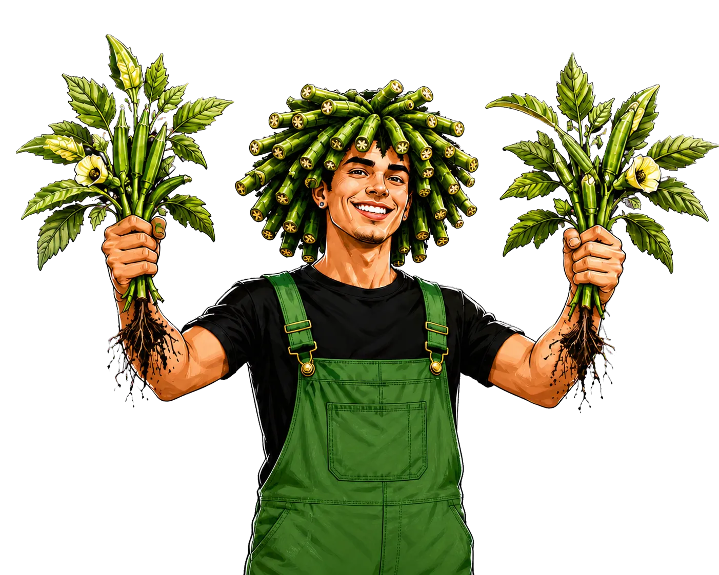 Fro, the Frokra Farms mascot, holding two freshly harvested bundles of okra